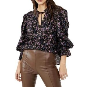 Free People Dark Romantic Floral Puff Sleeve Victorian Meant To Be Top Large NWT